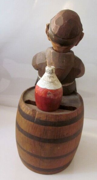 vintage ANRI carved wood Monk on a barrel bar set corkscrew & opener 3