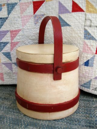 Vintage Wood Sugar Bucket Firkin Red and White Paint 2