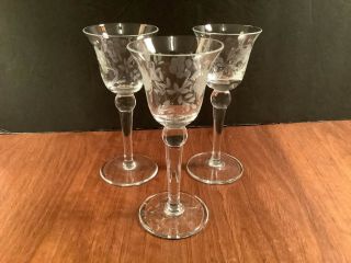 Set Of 3 Vintage Crystal Stemmed Liqueur Cordial Glasses Fluted Etched Florals