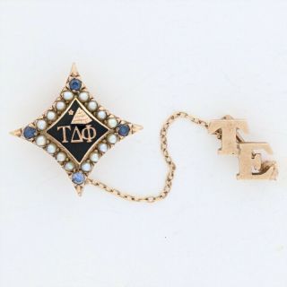 Tau Delta Phi Badge - 10k Yellow Gold Seed Pearls & Sapphires Fraternal Pin