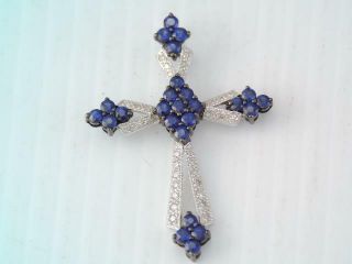 Gorgeous 14k White Gold Diamond & Blue Sapphire Religious Cross Pendant Lg Look