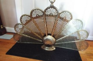 Vintage Brass Peacock Style Medium Sea Shell Folding Fireplace Screen
