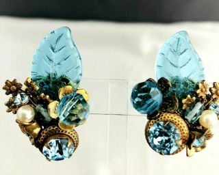 Rare Signed Miriam Haskell Aqua Blue Glass Leaf & Rhinestone Earrings Divine
