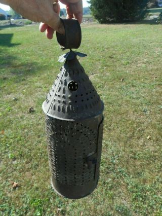 19th Century Punched Tin Candle Lantern.  Antique Tin Paul Revere Lantern