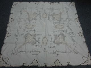 Antique Light Beige Linen Tablecloth With Cutwork & Embroidered Fruit 50 " Square