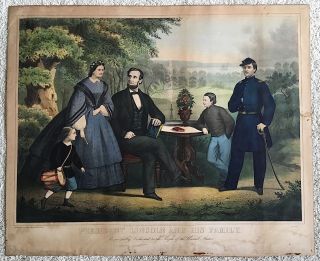 President Abraham Lincoln & Family 1866 Large Hand Colored Lithograph Print