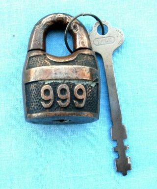 Old Brass 999 Padlock And Key Patent Applied For On Bottom