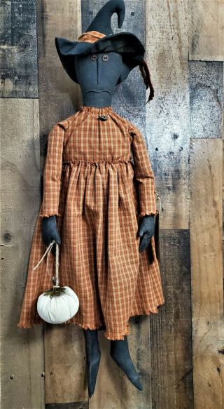 Primitive Witch Doll With Pumpkin Halloween Fall Folk Art Handmade 31 " T Ooak