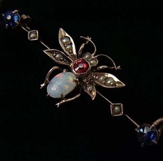 Antique 9ct Gold,  Opal,  Sapphire,  Garnet & Pearl Bee / Insect / Bug Brooch