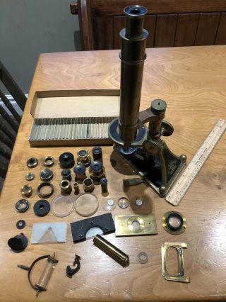 Antique Microscope R&j Beck 5071 Lenses & Accessory’s Approx 15” High 19thc