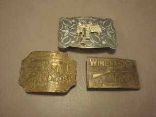 3 Vintage Belt Buckles Nickel Silver Western Saddle,  Winchester Arms,  Railroad