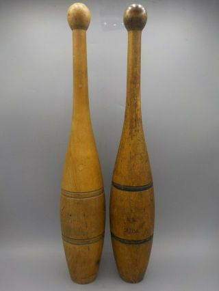Pair Antique Vtg Wood Circus Juggling Pins Wooden 2 Lb Indian Excercise Clubs