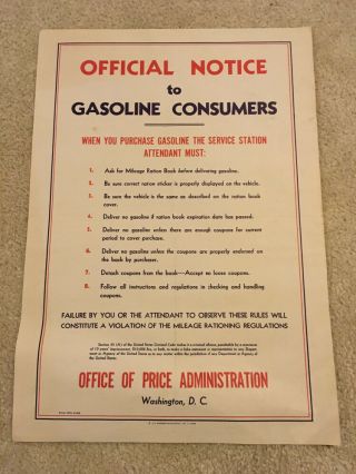 Official Notice To Gasoline Consumers Ration Ww2 1943 Poster Propaganda