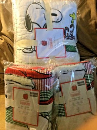 Pottery Barn Kids Peanuts Snoopy Holiday Full/queen Christmas Quilt 2 Std Shams