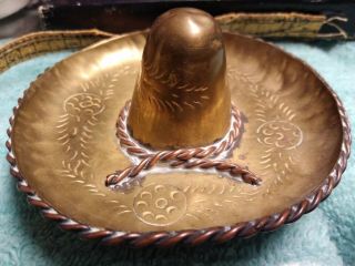 Vintage Copper & Brass Sombrero Hat Ashtray Etched Knicknack Wall Decor