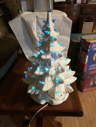 Vtg 16 " Atlantic Mold White Ceramic Christmas Tree Blue Lights Sparkling Frost