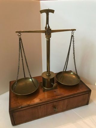 Large Antique Apothecary Brass Scale On Oak Box With Storage Drawer And Weights