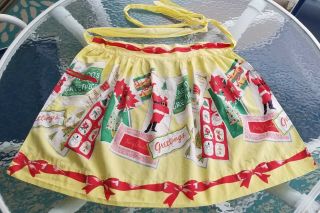 Vintage Christmas Apron With Pocket Hostess Half Yellow Santa Seasons Greetings