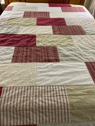 Vintage Hand Quilted Red And Tan Stripes Patchwork Quilt King Size 101 " X 93 "