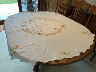 Vtg Linen Tablecloth White With Colorful Hand Sewn Cross Stitch Flowers 63 X 62