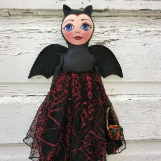 Primitive Folk Art Halloween Bat Witch Doll Handmade Ooak