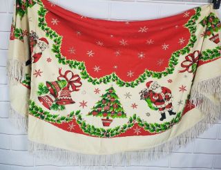 Vintage Round Retro Christmas Table Cloth With Fringe Santa Bells Cream Red 60 "