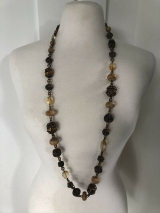 Stephen Dweck Carved Wood And Citrine Tiger’s Eye Brass 42” Long Necklace