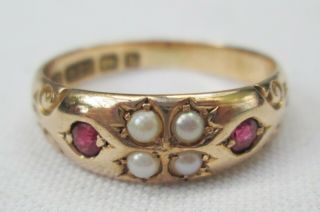 Antique Victorian 15ct Gold Ruby & Seed Pearl Gypsy Ring Size L 1901