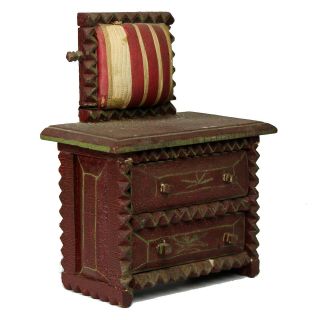Antique Primitive Folk Art Tramp Art Two Drawer Dresser Sewing Box