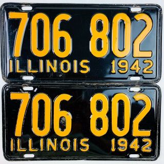 Illinois 1942 Pair Old License Plate Garage Car Tag Set Vintage Man Cave Wartime