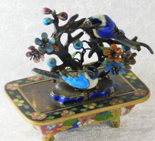 Vtg Chinese Sterling Silver Enamel Miniature Cloisonne Bird Flower Bonsai Tree