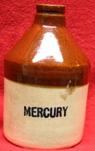Antique 5.  25 " Albany Slip Stoneware Mercury Bottle Jug Pharmacy Dentist Medicine