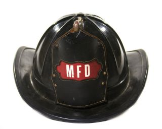 Vintage Fire Helmet Fireman Firefighter Mfd Leather Badge Wall Hanging Decor