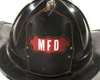 Vintage Fire Helmet Fireman Firefighter MFD Leather Badge Wall Hanging Decor 2
