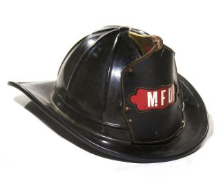 Vintage Fire Helmet Fireman Firefighter MFD Leather Badge Wall Hanging Decor 3