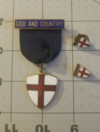 Vintage Boy Scout God And Country Medal And Two Lapel Pins