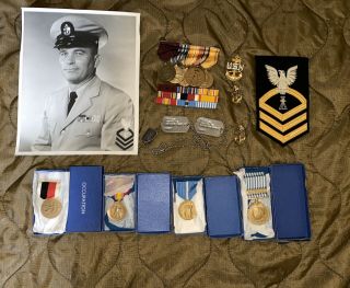 Ww2 / Korean War Us Navy Medal Bar,  Dog Tag Grouping,  Named Chief Photographer