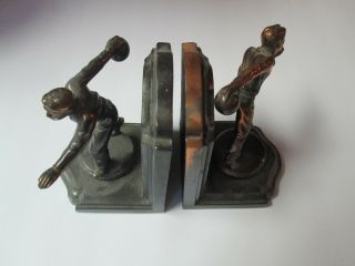 Vintage Bronze Metal Heavy Bowling Bookends Bowler Made In The West By Dodge Inc