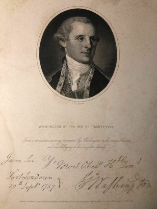 1757 Portrait Of George Washington Young Man Fort Loudoun Engraving Art Signed