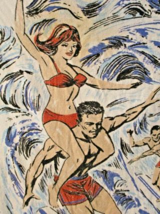Vintage 60s Pin Up Girl Bikini Guys Surfers Novelty Cannon Beach Towel