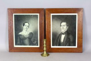 Pair 19th C American Folk Art Charcoal Portraits Of Man And Woman Great Detail