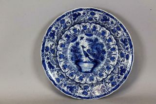 A Great 17th C Dutch Delft Tin Glaze Charger In Blue With Bold Bird Of Paradise