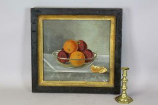 19th Folk Art O/c Still Life Painting Fruit In Glass Bowl Signed Lah 1887
