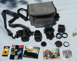Vintage Nikon Em 35mm Camera Set Up Lens Extensions Flash Paperwork Inspected