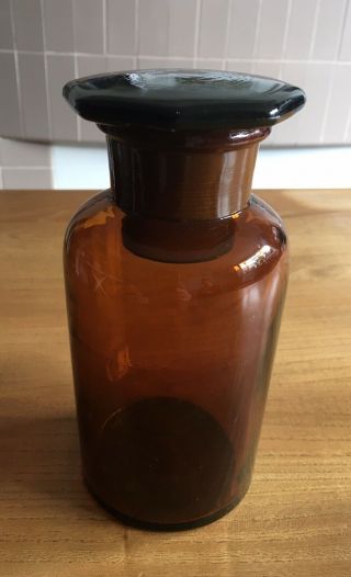 Vtg Amber Glass Reagent Bottle With Lid Lab Chemistry Retro Chemical Storage
