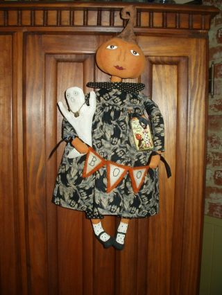 Primitive Fall/halloween Folk Art Pumpkin Doll/ghost Banner