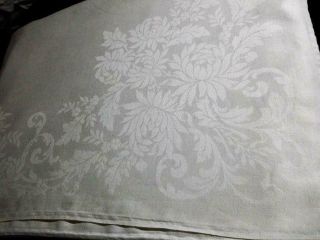 Vintage Pure Linen Damask Tablecloth Huge Chrysanthemums 70 " X 85