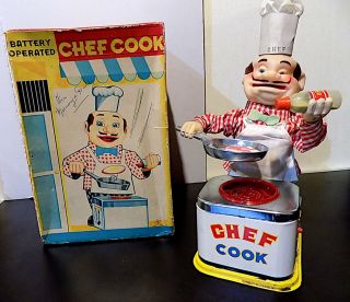 Vintage Tinplate Battery Operated Chef Cook Toy,  Yonezowa (y. ) Co Japan.  Exib