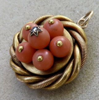 Antique Victorian 14k Gold & Coral With Diamond Glass Back Locket Pendant