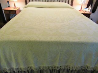 True Vintage Chenille Bedspread Lightweight Pale Yellow 90x102,  Fringe Full Queen